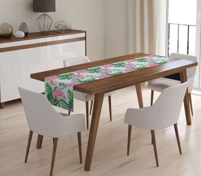 Foto-Tischläufer "Flamingos und Orchideen" Tischband mit Motiv, 3D Fotodruck, auf Maß
