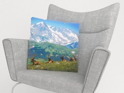 Foto-Kissenbezug "Elche auf der Bergweide" Kissenhülle mit Motiv, 3D Fotodruck