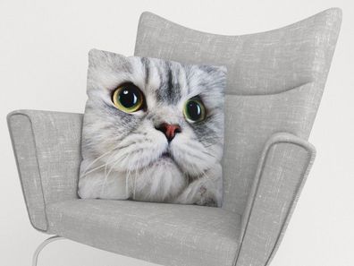 Foto-Kissenbezug "Graue Katze" Kissenhülle mit Motiv, 3D Fotodruck, Maßanfertigung