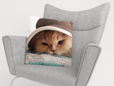 Foto-Kissenbezug "Katze mit Hut" Kissenhülle mit Motiv, 3D Fotodruck, Maßanfertigung