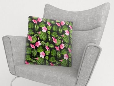 Foto-Kissenbezug "Tropische Blumen auf Schwarz" Kissenhülle mit Motiv, 3D Fotodruck
