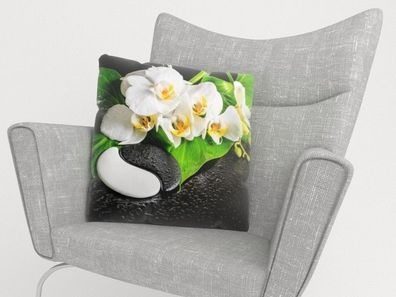 Foto-Kissenbezug "Weisse Orchideen und Yin-Yang" Kissenhülle mit Motiv, 3D Fotodruck