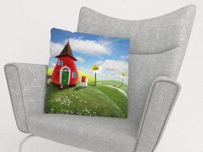 Foto-Kissenbezug "Erdbeerhaus" Kissenhülle mit Motiv, 3D Fotodruck, Maßanfertigung