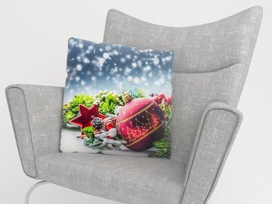 Foto-Kissenbezug "Weihnachtsdeko und Schnee" Kissenhülle mit Motiv, 3D Fotodruck