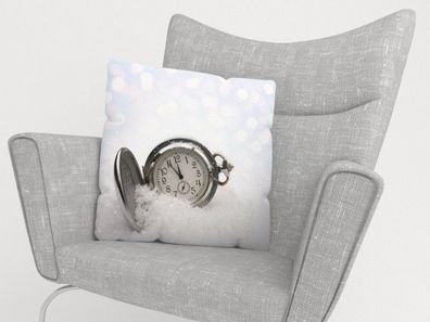 Foto-Kissenbezug "Uhr im Schnee" Kissenhülle mit Motiv, 3D Fotodruck, Maßanfertigung