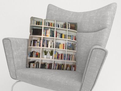 Foto-Kissenbezug "Weisses Bücherregal 2" Kissenhülle mit Motiv, 3D Fotodruck, auf Maß