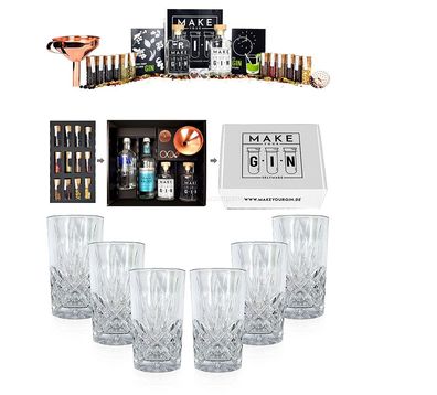 Longdrinkglas in Kristall Optik 6er Set Gläser + Make Your Gin Geschenkset weiß