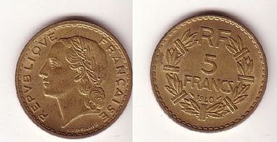 5 Franc Messing Münze Frankreich 1940