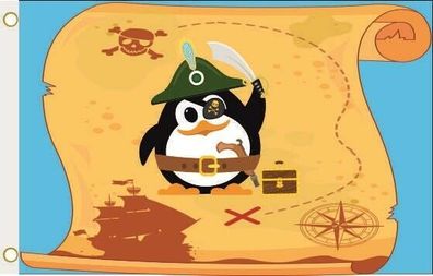 Fahne Flagge Piraten Pinguin mit Schatzkarte Pirat Hissflagge 90 x 150 cm