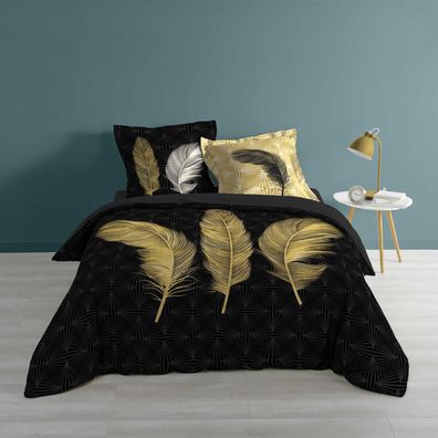 3tlg Wende Bettwäsche 240x220 Baumwolle Bettdecke Übergröße Federn schwarz gold