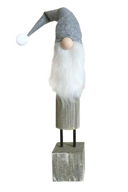 Holz Weihnachtsmann 51 cm mit Flauschbart und Weihnachtsmütze grau Aufsteller