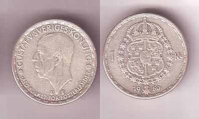 1 Krone Silber Münze Schweden 1950