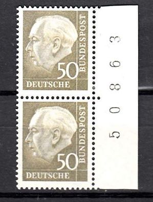 1956 Bund Heuss II MiNr. 261xw senkr. Paar Bogenzählnummer, postfrisch