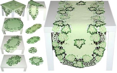HERBST Tischdecke Tischläufer Deckchen Hellgrün Stickerei Blätter Grün