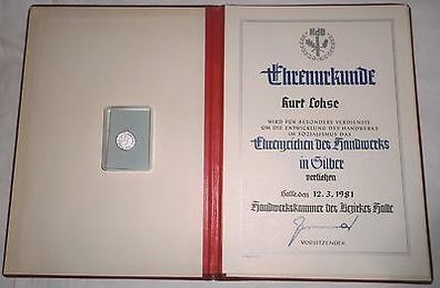 DDR Ehrenzeichen des Handwerks in Silber im Originaletui plus Urkunde Halle 1981