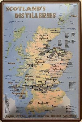 Blechschild 30 X 20 cm Scotland`s Distilleries