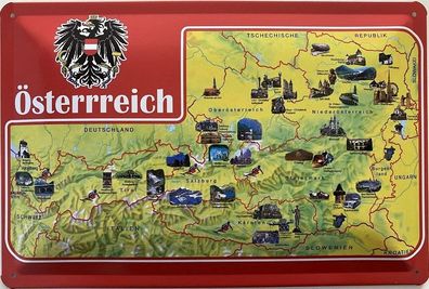 Blechschild 30 X 20 cm Österreich Landkarte