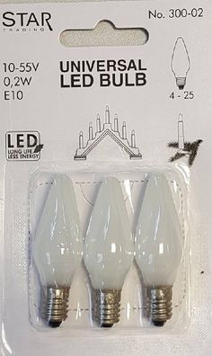 Universal LED Glühbirne E10 3er Glas satiniert 0,2W 10-55V 0,2W 300-02