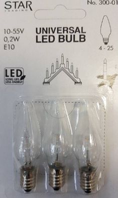 Universal LED Glühbirne E10 3er klares Glas 0,2W 10-55V 4,5lm 300-01
