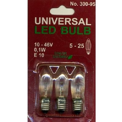Universal LED Glühbirne E10 3er klares Glas 10-46V 0,1W 300-95