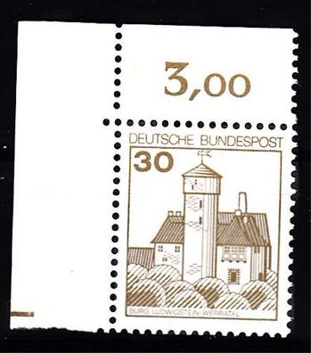 02) 1977 Bund B & S, MiNr. 913 Eckrand oben links, Plattenzeichen Strich, postfrisch
