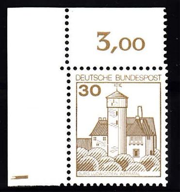 03) 1977 Bund B & S, MiNr. 913 Eckrand oben links, Plattenzeichen Strich, postfrisch