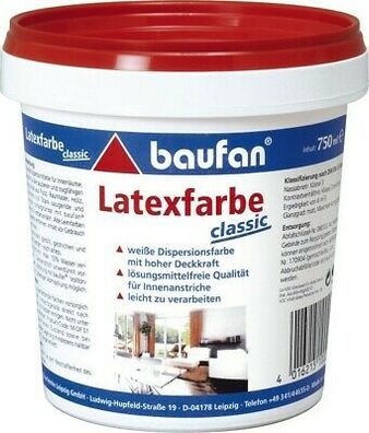 Baufan Latexfarbe classic 0,75l weiß Dispersionsfarbe Innen-Wandfarbe Innenfarbe