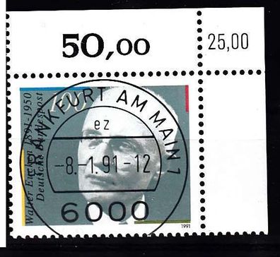 1991 Bund MiNr. 1494 Eckrand o. rechts, KBWZ EST-Vollstempel