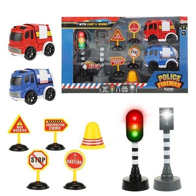Toi Toys Set Verkehr mit Feuerwehr Polizeiauto Auto Verkehrsschilder Schilder