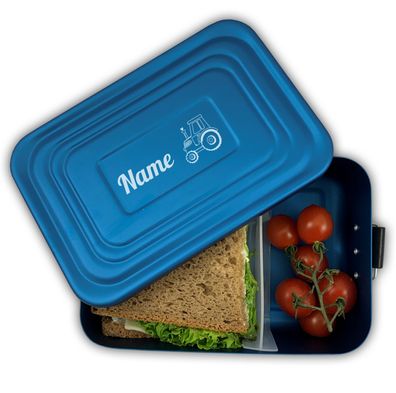 Brotdose mit Name Lunchbox Aluminium Brotzeitbox blau Metall Gravur Schulanfang Kita