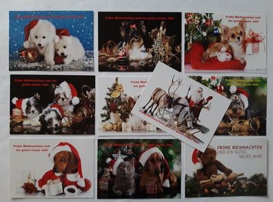 Ansichtskarten Weihnachten 10er, Postkarten Tiere Hund Katze Weihnachtsmann Grußkarte
