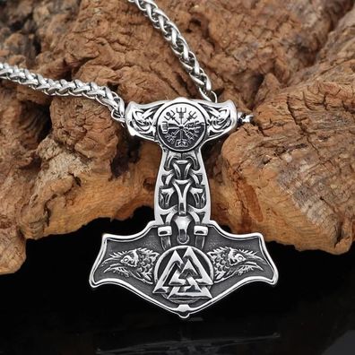 Anhänger Thors Hammer Edelstahl Raben mit Kette Wikinger Halskette Vikings