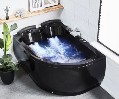 Doppel Whirlpool Badewanne LINKS schwarz mit 15 Massage Düsen LED Eckwanne Luxus Spa