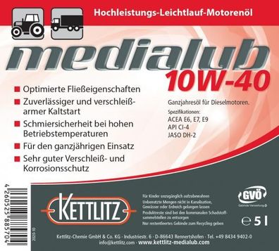 5 Liter Mineralisches Hochleistungsmotorenöl Kettlitz-Medialub 10W-40