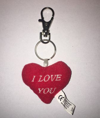 Schlüsselanhänger Kleines rotes Plüsch-Herz mit "I LOVE YOU" Aufdruck