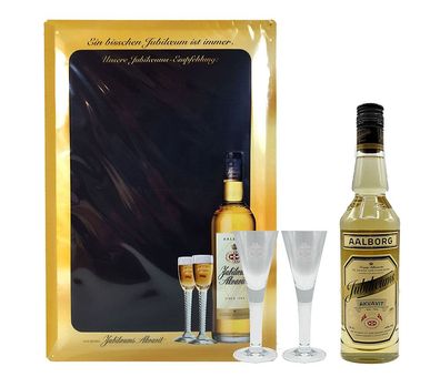 Aalborg 4er Set - Jubiläums Akvavit 0,7l 700ml (40% Vol) mit Kreidetafel / Schi