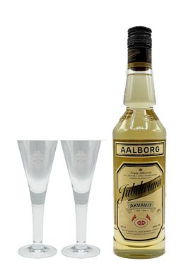 Aalborg Jubiläums Akvavit 0,7l 700ml (40% Vol) + 2er Set Stil Glas 2cl geeicht