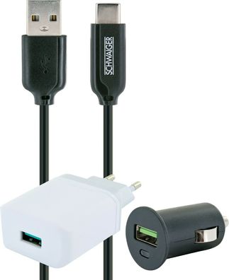 Schwaiger Ladeset USB-C 3.1 Ladegerät, 1m Ladekabel, Netzteil, 12V KFZ Adapter