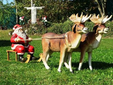 XXL 2 Rentiere + Schlitten + Weihnachtsmann Santa Gespann ca. 160 cm Garten Deko WoW