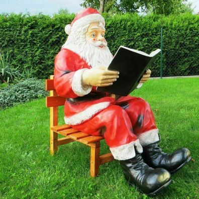 XXL Weihnachtsmann mit Buch + Holz-Stuhl Santa Garten Deko lebensgross Spedition