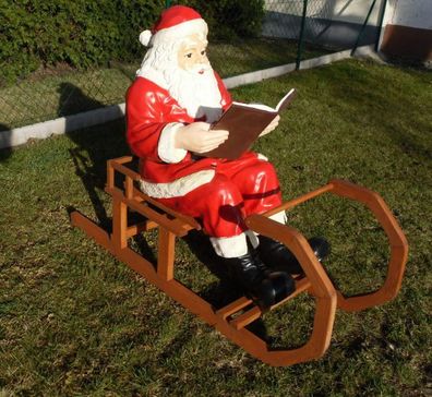 XXL Weihnachtsmann mit Buch auf Holz-Schlitten Santa Garten Deko Weihnachtsdeko