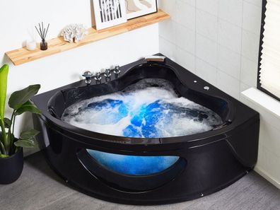 Whirlpool Badewanne Toskana schwarz mit 10 Massage Düsen LED Eckwanne Luxus Spa Glas