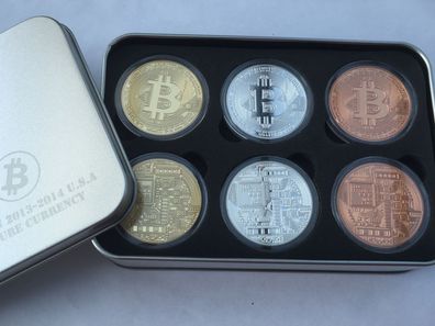 Bitcoin Medaillen Set 6 x 1 oz Kupfer Silver Gildet Mining Crypto in Edler Box