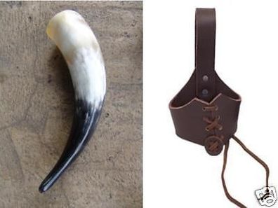Trinkhorn 0,4 l, echtes Horn mit Gürtelhalter aus Leder