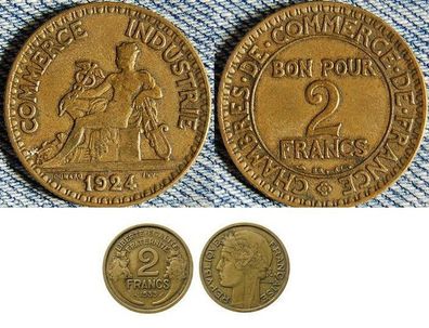 France Frankreich: 2 Francs 1924 oder 1933, super erhalten.