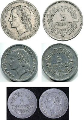 Frankreich France 5 Francs 1945,1948,1949, Erhaltung: sehr gut, Aluminum, 3,5 g, 31mm