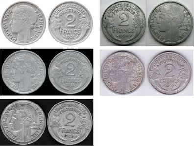 France Frankreich 2 Francs 1947,1948,1949,1950,1959, sehr gute Erhaltung, 2,2 g, 27mm