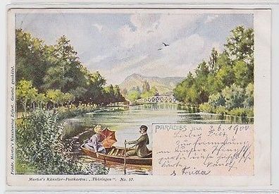 62662 Künstler Postkarte Jena Paradies mit Ruderboot 1900