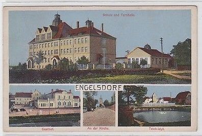 62412 Mehrbild Ak Engelsdorf Schule, Turnhalle, Gasthof, Kirche, Teichidyll 1914