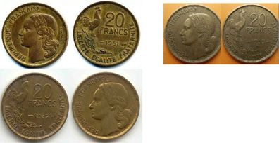 Frankreich: 20 Francs 1951,1952,1953, Erhaltung: sehr gut, Bronze-Aluminium 4g 23,5mm